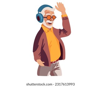 happy old or elderly man in headphones listening to music on a white background. Music therapy. Vector illustration
