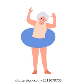 Happy old elderly woman tourist isolated cartoon character wearing swimsuit and inflatable ring