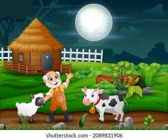 Happy old farmer with farm animals in the field