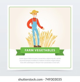 Happy old farmer stands in front of wheat field