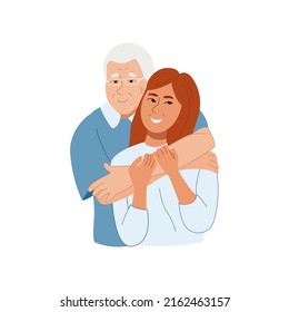 Happy old father hugging smiling adult daughter  Grandfather feeling love   tenderness to his granddaughter  Family members relationship   Flat cartoon vector illustration isolated white