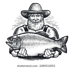 Happy old fisherman with big caught fish. Fishing concept. Hand drawn sketch vector illustration