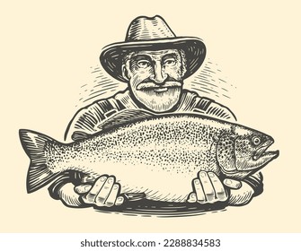 Happy old fisherman in hat holding a big fish. Fishing concept, sketch vector illustration