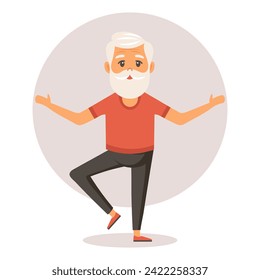 Happy old grandfather goes in for sports, yoga, walks. Elderly people exercising. Flat illustration in cartoon style, vector