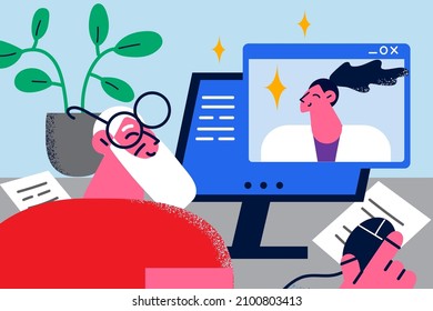 Happy old grandfather talk speak on video call with doctor from hospital. Smiling senior man have webcam digital event or communication with GP on computer. Virtual consultation. Vector illustration. 