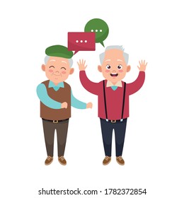 happy old grandfathers with speech bubbles avatars characters vector illustration design