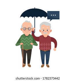 happy old grandfathers with umbrella avatars characters vector illustration design