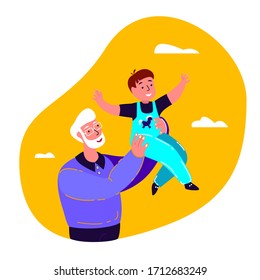 Happy Old Grandfather,Smiling Laughing Grandson Playing. Pensioner Grandad Support Kid Boy. Boy Having Fun with Elderly Dad.Smiling Child. Cheerful Childhood.Family Relatives. Flat Vector Illustration