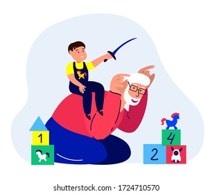 Happy Old Grandfather,Smiling Laughing Grandson Playing. Pensioner Grandad Riding Kid Boy. Boy Having Fun with Elderly Dad. Smiling Child. Cheerful Childhood.Family Relatives. Flat Vector Illustration