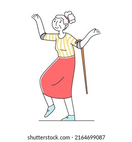 Happy old grandmother dancing flat vector illustration. Cartoon grandfathers and grandmothers enjoying music in club