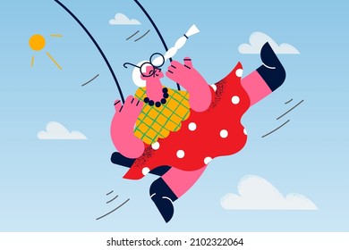 Happy old grandmother swing enjoy positive optimistic maturity. Smiling overjoyed senior granny have fun relax on children seesaw. Elderly lifestyle and geriatric. Flat vector illustration. 