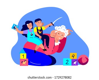 Happy Old Grandmother,Babysitter,Smiling Laughing Children Playing.Elderly Pensioner Granny Riding Kids.Girl and Boy Have Fun.Smiling Child.Cheerful Childhood.Family Relatives.Flat Vector Illustration