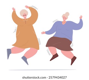 Happy old ladies dance and move actively. Cheerful grandmothers enjoy life. Vector flat graphics.