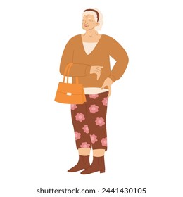 Happy old lady with a bag on her hand. Leisure and lifestyle of pensioners. Active older people. Vector illustration isolated on transparent background.