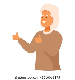 Happy old lady gesturing approval with both hands, showing thumbs up and smiling