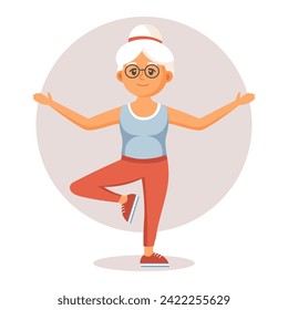 Happy old lady grandmother doing sports, yoga, walking. Elderly people exercising. Flat illustration in cartoon style, vector