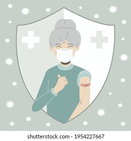 Happy old lady in medical face mask raising thumbs up and shows bandage after injection of the flu vaccine. Coronavirus vaccination vector flat illustration.