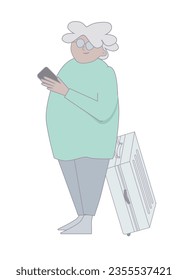 Happy old lady with a phone in her arms and luggage. Line art. Vector illustration. Isolated on white