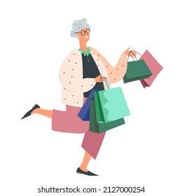 Happy old lady woman hold a lot of shopping bags.Fashion Pensioner shopper,purchases in hands.Buyer after sale.Fashionable customer carry many packs.Flat vector illustration isolated,white background