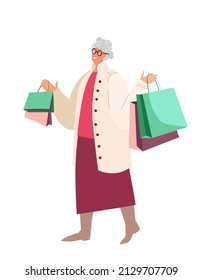 Happy old lady woman hold a lot of shopping bags.Fashion Pensioner shopper,purchases in hands.Buyer after sale.Fashionable customer carry many packs.Flat vector illustration isolated,white background