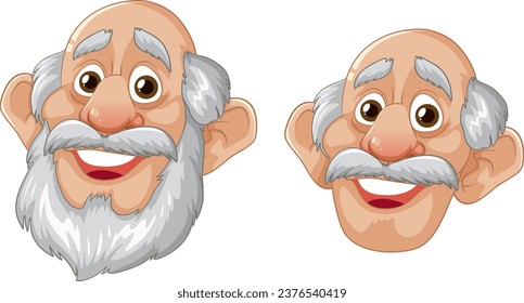 Happy old man with a bald head, mustache, and beard, smiling in a cartoon illustration style