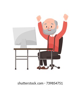 Happy Old Man with Computer. Vector illustration
