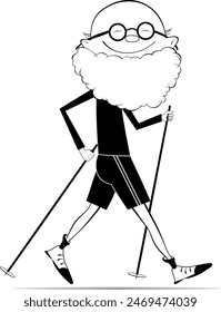 Anciano feliz haciendo caminata nórdica. 
Alegre hombre mayor haciendo Nordic caminar al aire libre. Ilustración en blanco y negro
