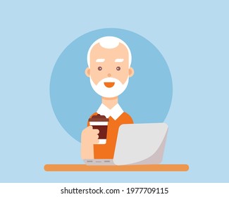 A happy old man is drinking hot cup of coffee with his laptop. Cartoon vector style for your design.