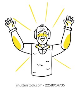 Happy old man, emotion of happiness. Joyful grandfather half body vector drawing, good spirit of elderly human, hands to the sides. Line art with yellow spots.