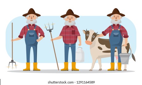 happy old man farmer cartoon character in organic rural farm with cow. vector illustration