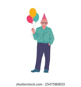 Happy old man in festive hat with balloons. Cartoon grandfather celebrate birthday. Elderly man enjoy anniversary feel positive and optimistic. Vector flat character active old age isolated