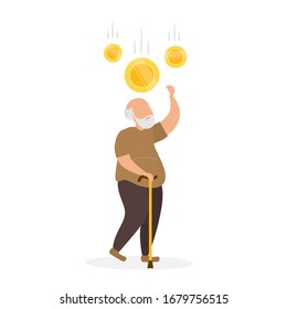 Happy old man gets money pouring on his head. Wealth, inheritance, money from nowhere. Gold coins are falling from the sky. Increase in pension Investments, Finance. Modern vector illustration.