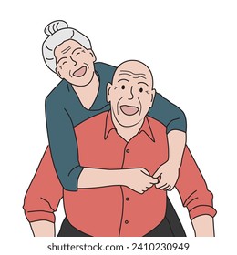 Happy old man give piggyback ride for his wife. Elderly couple romantic relationship concept. Hand drawn vector illustration