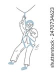 Happy old man going down after rock climbing on zip line. Contrast doodle illustration isolated on white background. Vector outline drawing of active aging for logo, sticker