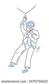 Anciano feliz bajando después de escalar en tirolina. Ilustración de garabato de contraste aislado sobre fondo blanco. Dibujo del contorno del Vector del envejecimiento activo para el logotipo, etiqueta engomada
