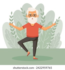 Happy old man grandfather goes in for sports, yoga, walks. An elderly man is exercising. Flat illustration in cartoon style, vector