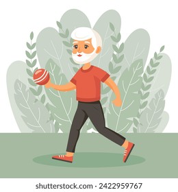 Happy old man grandfather goes in for sports, yoga, walks. An elderly man is exercising. Flat illustration in cartoon style, vector