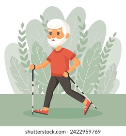 Happy old man grandfather goes in for sports, yoga, walks. An elderly man is exercising. Flat illustration in cartoon style, vector