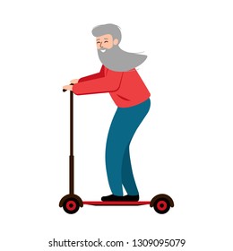 A happy old man with a grey beard rides a scooter. Bearded grandfather riding a scooter. Vector illustration, white background. 