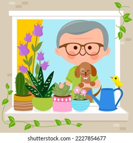 Happy old man in his home enjoying his houseplants. Vector illustration