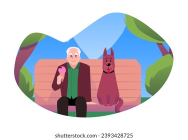 Happy old man holding ice cream and sitting on bench with smiling dog friend flat style, vector illustration isolated on white background. Decorative design element, outdoor leisure