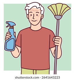 Happy old man holding a mop and cleaning spray, representing cleanliness, janitorial service