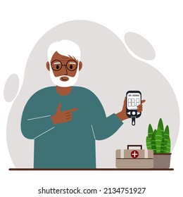 Un anciano feliz tiene un glucómetro en la mano. El concepto de control del azúcar en la sangre, diabético. Ilustración plana del vector