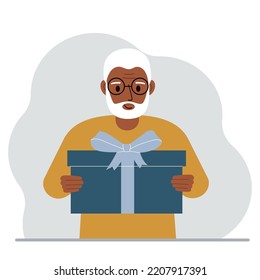 Happy old man holds a large gift box with a bow in his hands. Vector flat illustration