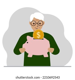 Happy old man holds a piggy bank, a coin falls into the piggy bank. The concept of saving finance, savings, investing finances. Vector flat illustration