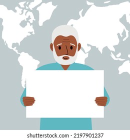 Happy Old Man Holds And Shows A White Blank Sheet, Or A Poster. Against The Backdrop Of The Karate Of The World. Vector Flat Illustration