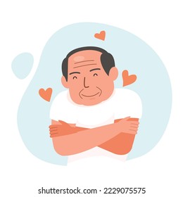 Happy old man hugging himself with heart icons, self care ,Self love