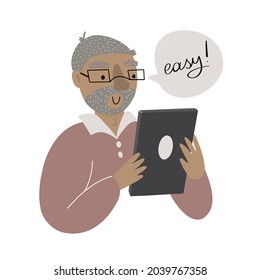 Der glückliche alte Mann sieht sich den Tablettscreen an, surft im Internet und liest Nachrichten, doodle Vektorgrafik