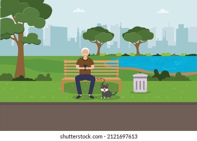 Happy old man making video call at city park 2d flat vector illustration concept for banner, website, landing page, ads, flyer template