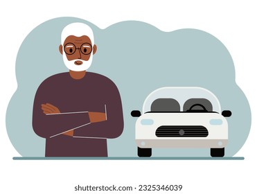 Happy old man next to a beautiful white car. Vector flat illustration